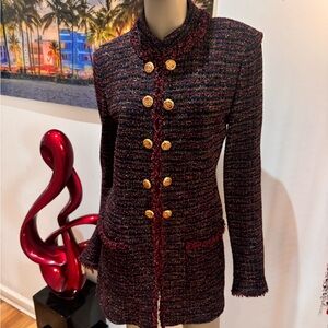 St. John Multi Tweed Ribbon jacket Blazer embellished buttons 12 L red long gold